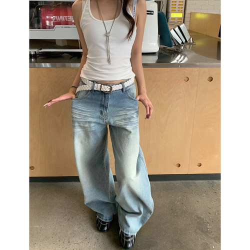 大码美式复古高腰刺绣阔腿牛仔裤女胖mm宽松显瘦弯刀休闲拖地裤子 - 图1