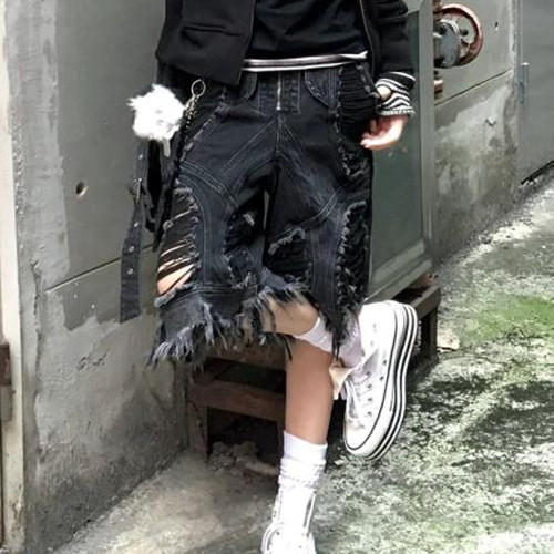 大码美式vibe设计感破洞牛仔七分裤男女街头风重工解构宽松短裤潮 - 图0