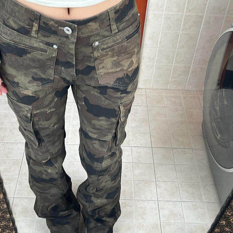 大码美式复古辣妹迷彩微喇牛仔裤女街头修身直筒显瘦多口袋工装裤,淘宝优惠券,粉丝福利购,淘宝优惠卷