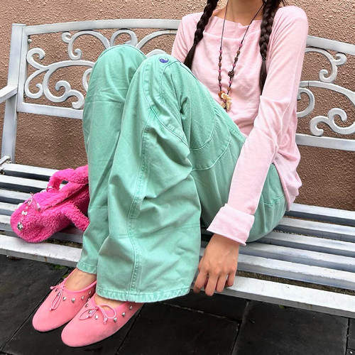 大码美式高街设计感太极刺绣解构牛仔裤女秋季宽松百搭弯刀阔腿裤 - 图1