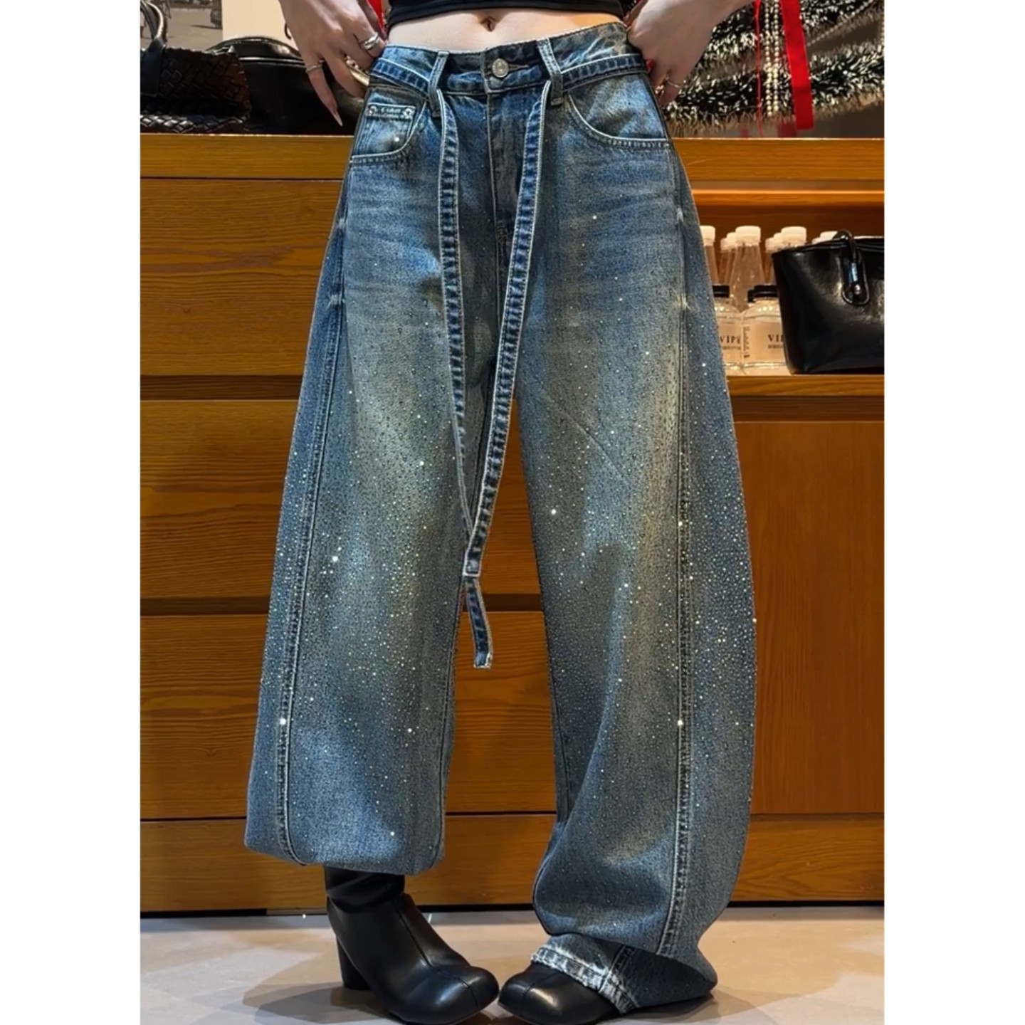 美式大码复古满天星烫钻阔腿牛仔裤女2026春季新款宽松直筒拖地裤,淘宝优惠券,粉丝福利购,淘宝优惠卷