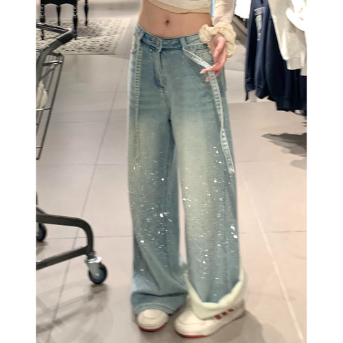 大码美式复古加绒满天星烫钻牛仔裤女秋冬新款高腰保暖阔腿拖地裤 - 图0