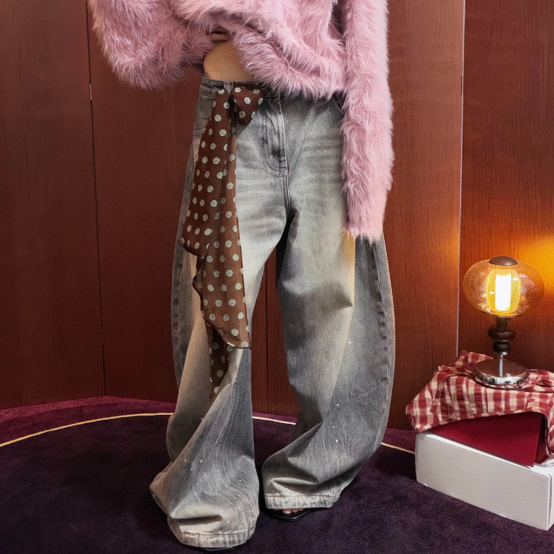 大码美式复古做旧泼墨阔腿牛仔裤男女设计感潮流宽松垂感弯刀长裤,淘宝优惠券,粉丝福利购,淘宝优惠卷