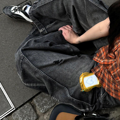 大码美式复古做旧廓形破洞牛仔裤男女街头解构宽松阔腿弯刀长裤潮 - 图3