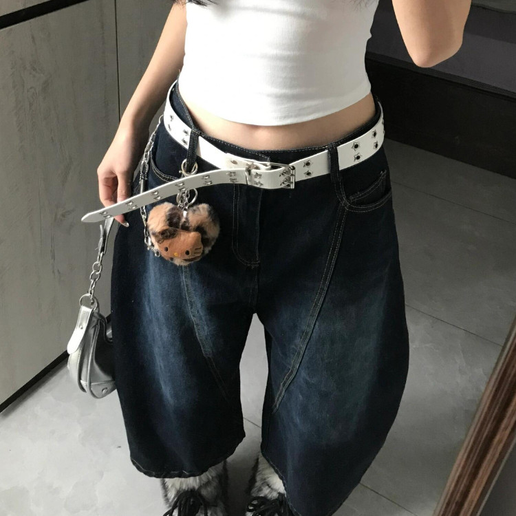 大码美式复古字母刺绣弯刀牛仔七分裤女夏季新款宽松直筒百搭中裤,淘宝优惠券,粉丝福利购,淘宝优惠卷