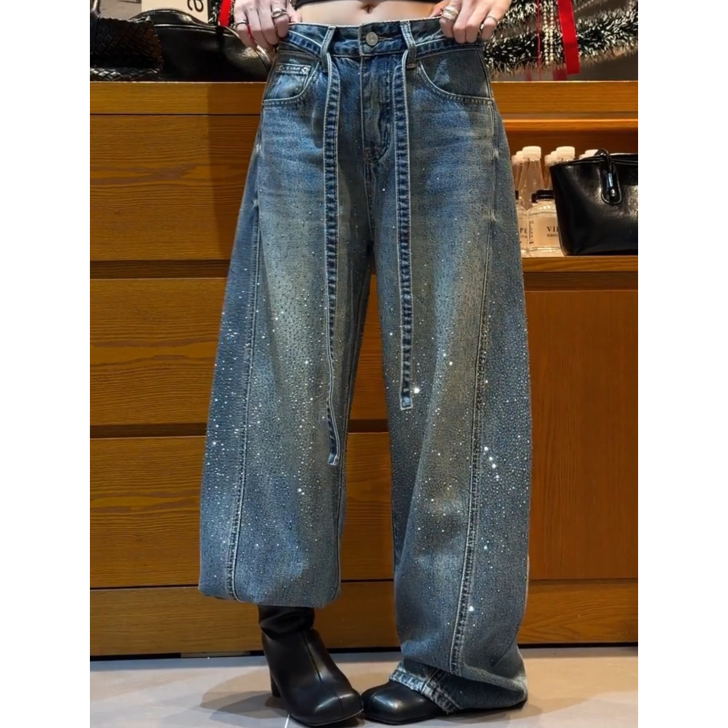 美式大码复古满天星烫钻阔腿牛仔裤女2026春季新款宽松直筒拖地裤,淘宝优惠券,粉丝福利购,淘宝优惠卷
