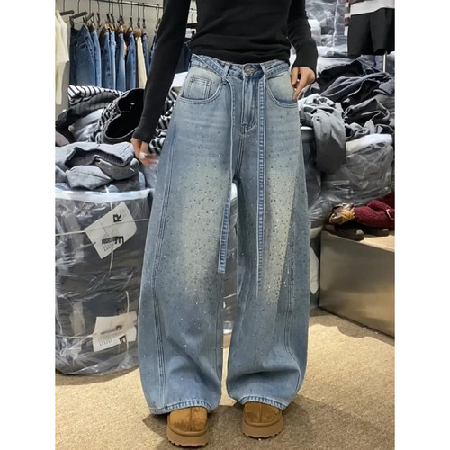 大码美式复古设计感烫钻牛仔裤女2025秋冬辣妹宽松显瘦阔腿拖地裤 - 图1