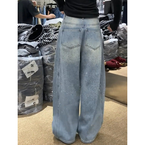 大码美式复古设计感烫钻牛仔裤女2025秋冬辣妹宽松显瘦阔腿拖地裤 - 图3