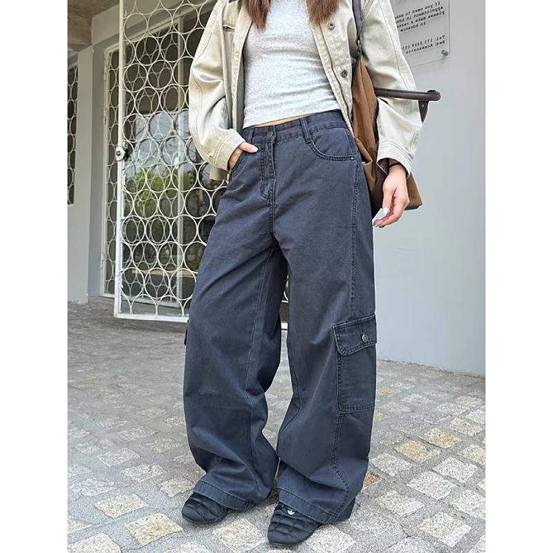 大码美式复古多口袋拼接工装牛仔裤男女水洗做旧宽松休闲直筒长裤,淘宝优惠券,粉丝福利购,淘宝优惠卷