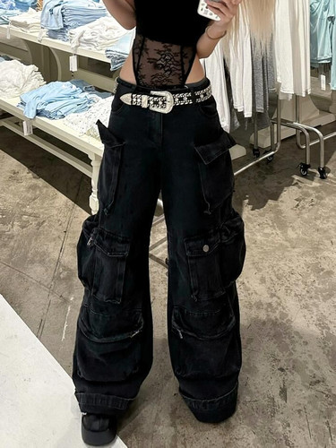 大码美式vibe街头重工水洗多口袋工装牛仔裤女宽松直筒休闲阔腿裤 - 图0