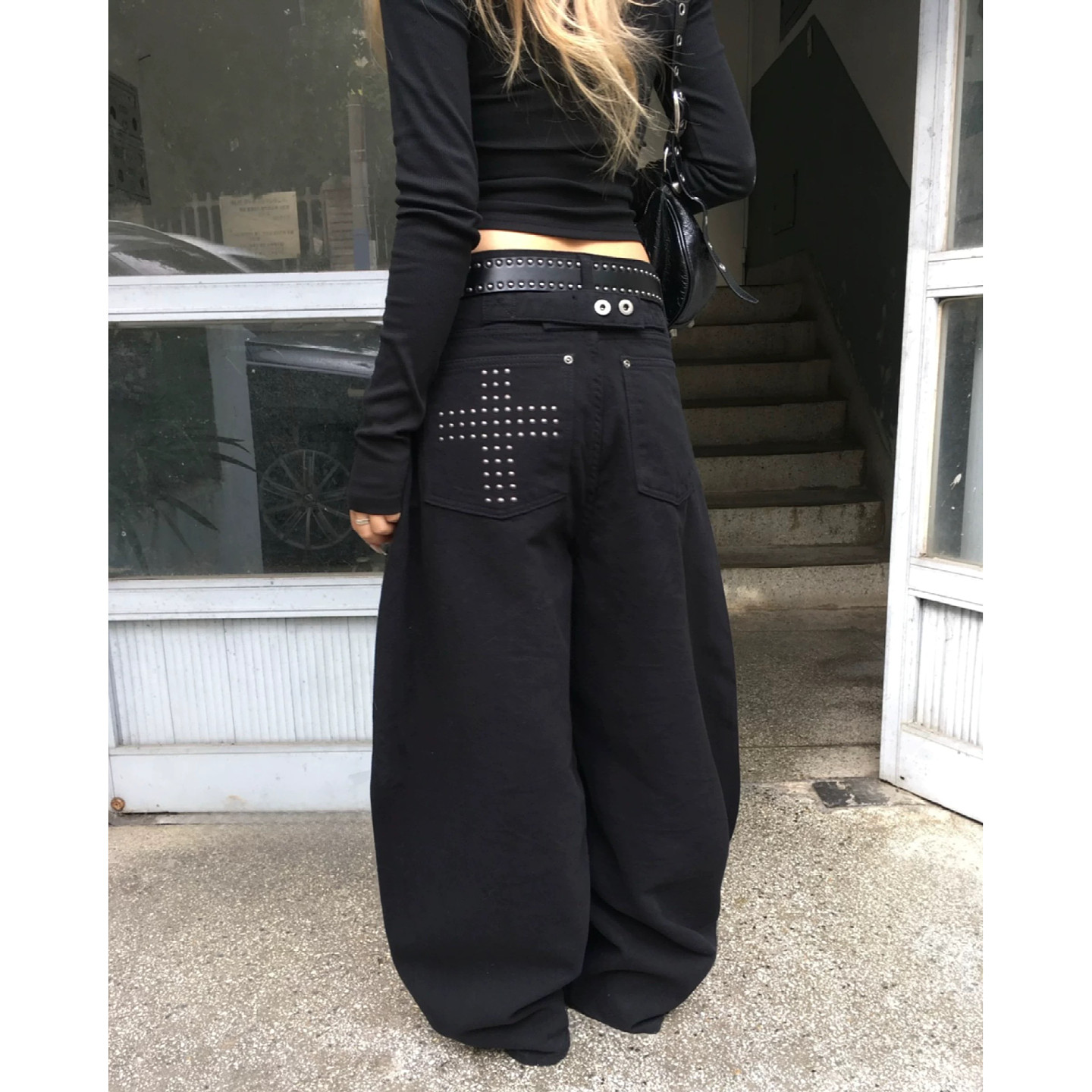 大码美式复古铆钉十字弯刀牛仔裤男女高街宽松显瘦垂感阔腿休闲裤,淘宝优惠券,粉丝福利购,淘宝优惠卷