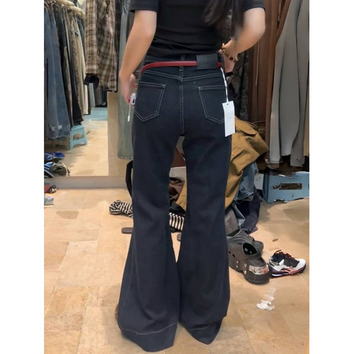 大码美式复古水洗假两件屁帘牛仔裤女街头修身显瘦阔腿微喇长裤潮 - 图2