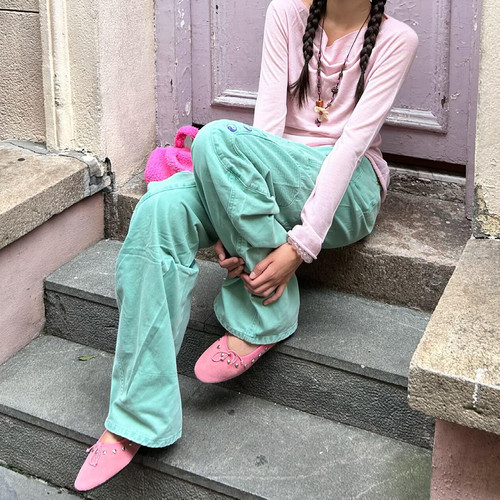 大码美式高街设计感太极刺绣解构牛仔裤女秋季宽松百搭弯刀阔腿裤 - 图3