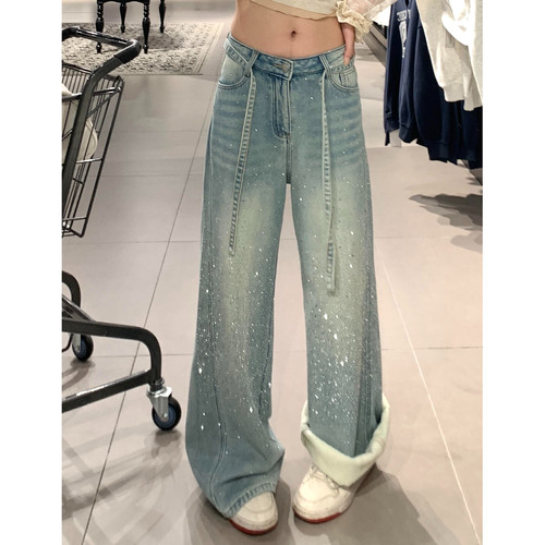 大码美式复古加绒满天星烫钻牛仔裤女秋冬新款高腰保暖阔腿拖地裤 - 图1