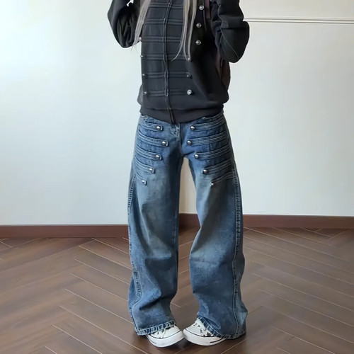 大码美式复古重工双排扣设计感牛仔裤女秋季新款街头个性弯刀裤潮 - 图0