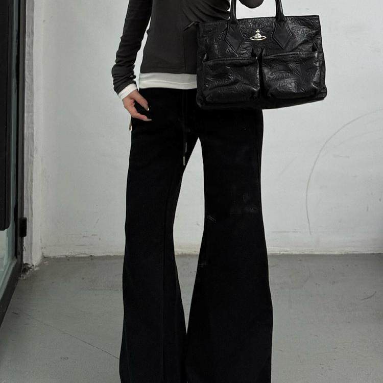 大码美式复古黑色微喇休闲卫裤女2024秋冬新款宽松阔腿垂感长裤子,淘宝优惠券,粉丝福利购,淘宝优惠卷