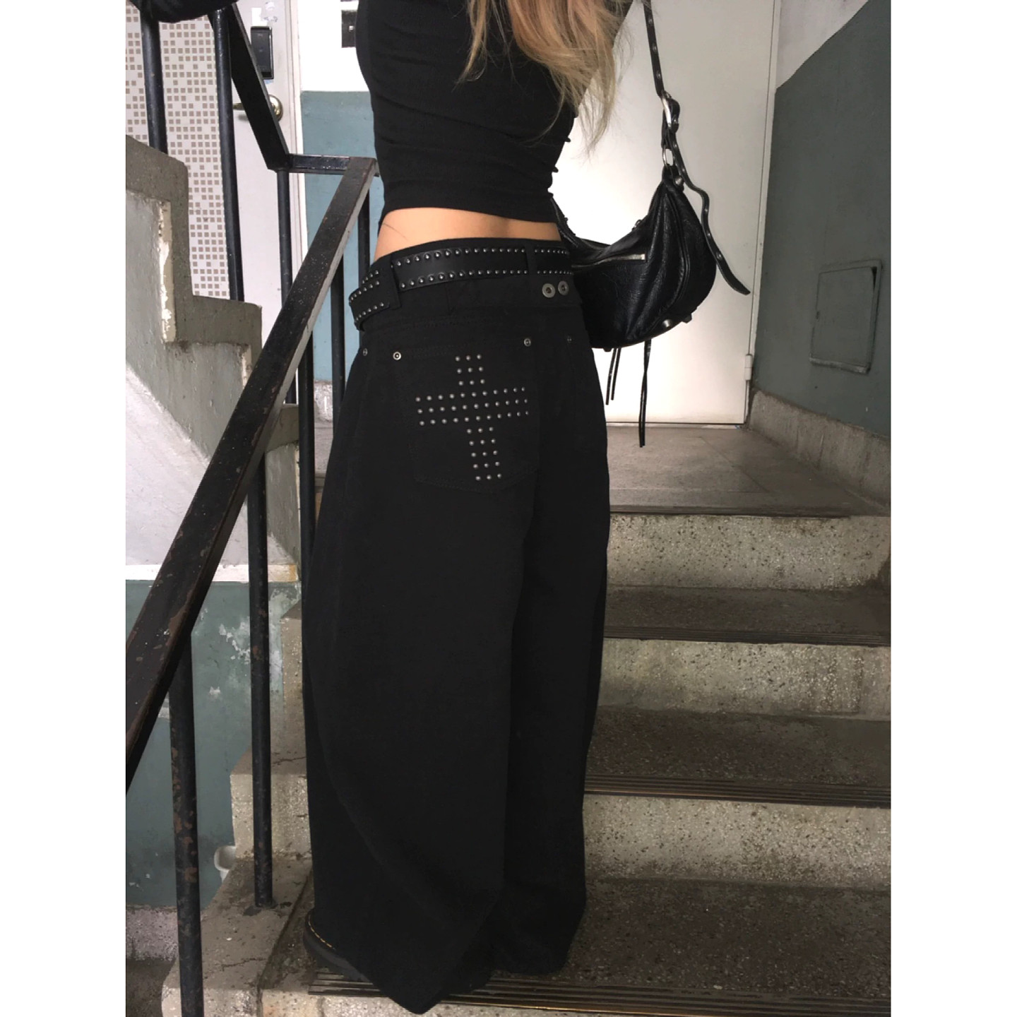 大码美式复古铆钉十字弯刀牛仔裤男女高街宽松显瘦垂感阔腿休闲裤,淘宝优惠券,粉丝福利购,淘宝优惠卷