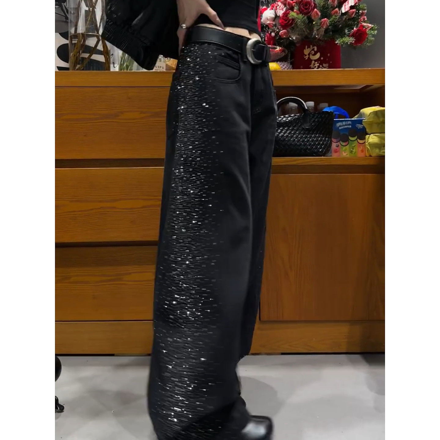 大码美式复古设计感重工烫钻牛仔裤女春季新款宽松弯刀阔腿拖地裤,淘宝优惠券,粉丝福利购,淘宝优惠卷