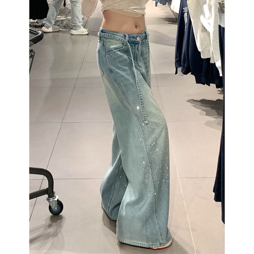 大码美式复古加绒满天星烫钻牛仔裤女秋冬新款高腰保暖阔腿拖地裤 - 图2