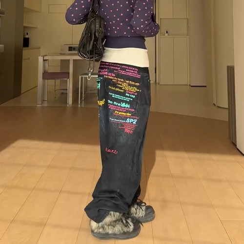 大码美式复古彩色字母印花牛仔裤男女秋冬街头宽松休闲阔腿长裤潮 - 图3