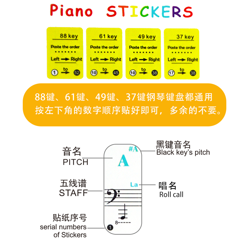 五线谱自学钢琴键盘贴纸透明贴膜电子琴手风琴37彩色61辅助88配件 - 图3