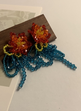 超显白撞色水晶编制花朵流苏耳坠