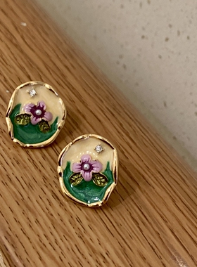 s925银针珐琅手绘花朵耳饰复古