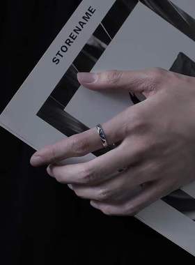 S925纯银蓝色星辰戒指男潮小众设计个性男女单身食指开口学生指环