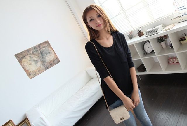 Spring and summer European and American style plus size women's bottoming shirt slim round neck pocket modal long sleeve t-shirt loose