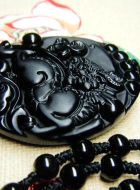 天然黑曜石麒麟项链吊坠