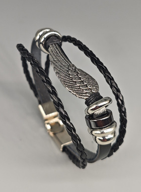 网红男欧美朋克风编织皮革手链天使翅膀羽毛皮革手环网红