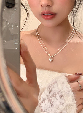 波光粼粼超闪双层拉丝爱心吊坠项链女轻奢小众感锁骨链颈链