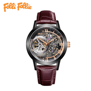 follifollie全自动机械手表商务休闲真皮镂空手表大表盘男士腕表