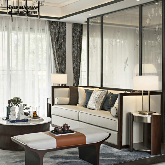 New chinese style sofa, modern zen villa model room, living room, small apartment, light luxury leather furniture, whole house customization