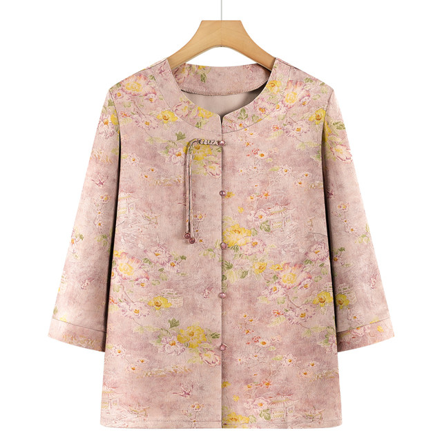 Mom's summer shirt, middle-aged and elderly women's clothing, breathable, loose, slim, fashionable, grandma's summer clothing, age-reducing versatile top