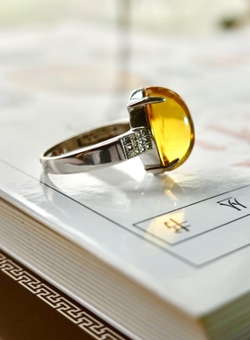 全新琥珀金珀椭圆蛋面S925银镶嵌水钻锆石活口女士戒指