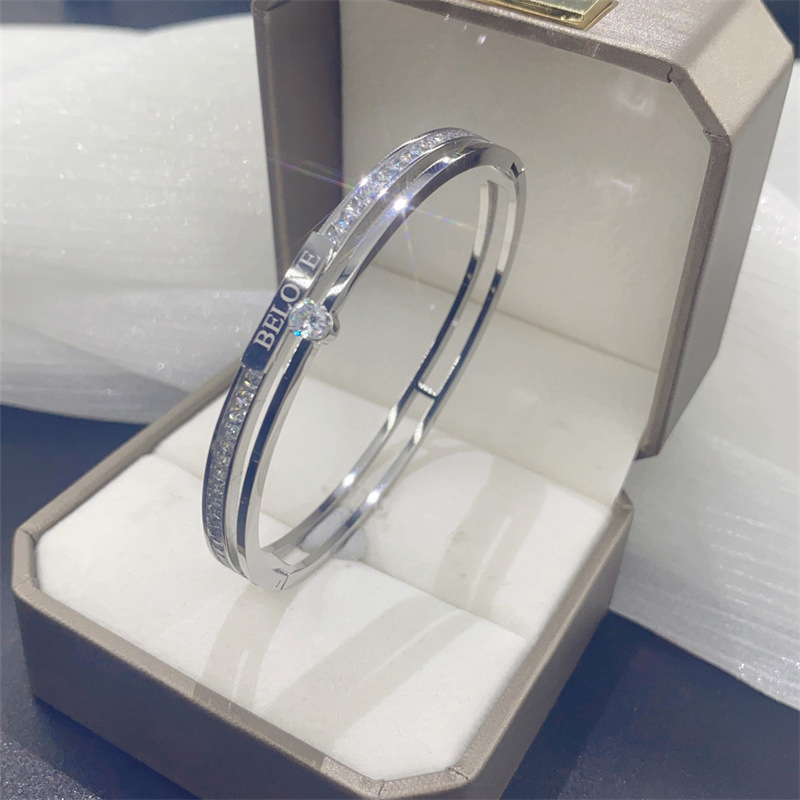 韩国新款MK超闪双排钻锆石单钻玫瑰金手镯潮人个性钛钢手环女饰品-图0