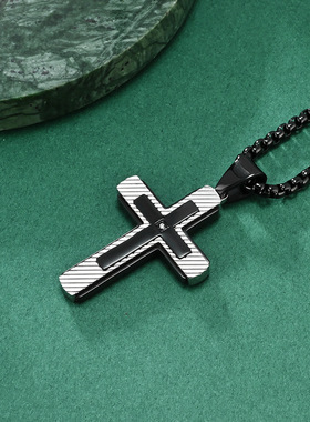 原创不锈钢三层组合斜纹双色十字架吊坠个性不锈钢项链百搭颈链