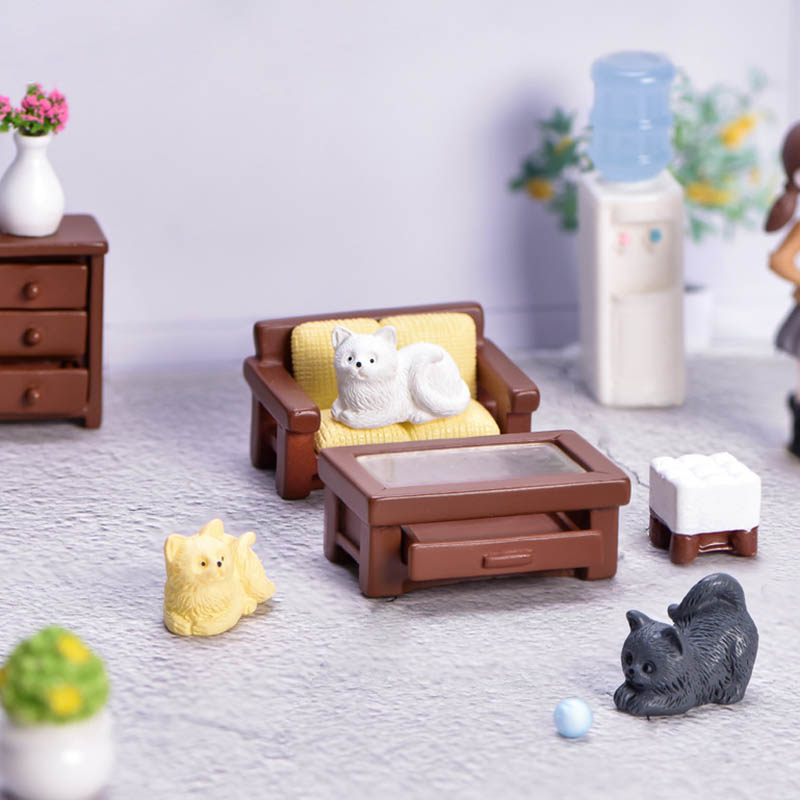 微景观房屋家居小摆件迷你仿真家具可爱小床茶几沙发柜子树脂小猫-图2