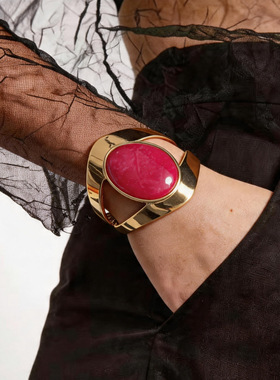 欧美跨境椭圆形石头镂空开口手镯新潮感时髦手环设计感手饰女