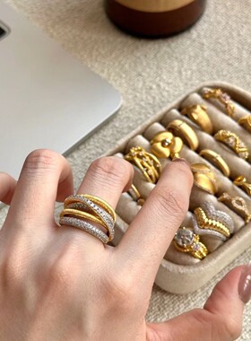 中古风s925纯银锆石拉丝戒指女轻奢百搭小众设计不掉色感指环