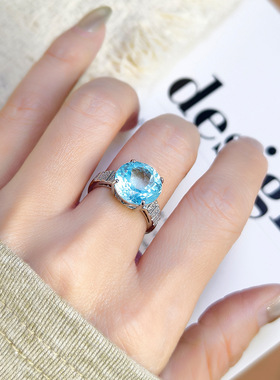 天然水晶石托帕石感指环s925纯银戒指女镶嵌12mm巴西经典蛋面