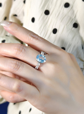 s925纯银天然石戒指女镶嵌10*12mm水晶石托帕石感可调节指环