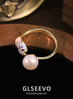 原创设计天然珍珠蓝色小马戒指开口可调节指环感食指戒手饰品