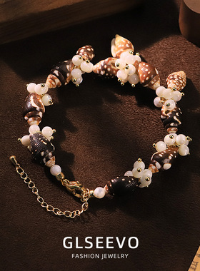 天然珍珠贝壳海螺手链18k真金电镀百搭手镯小众感手串手饰品