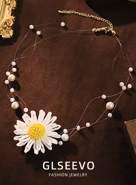 原创天然淡水鱼线花朵项链女小众百搭脖颈链感轻奢锁骨链