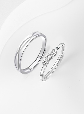 蝴蝶结纯银925情侣戒指男女轻奢感白水晶对戒ins在逃公主戒环