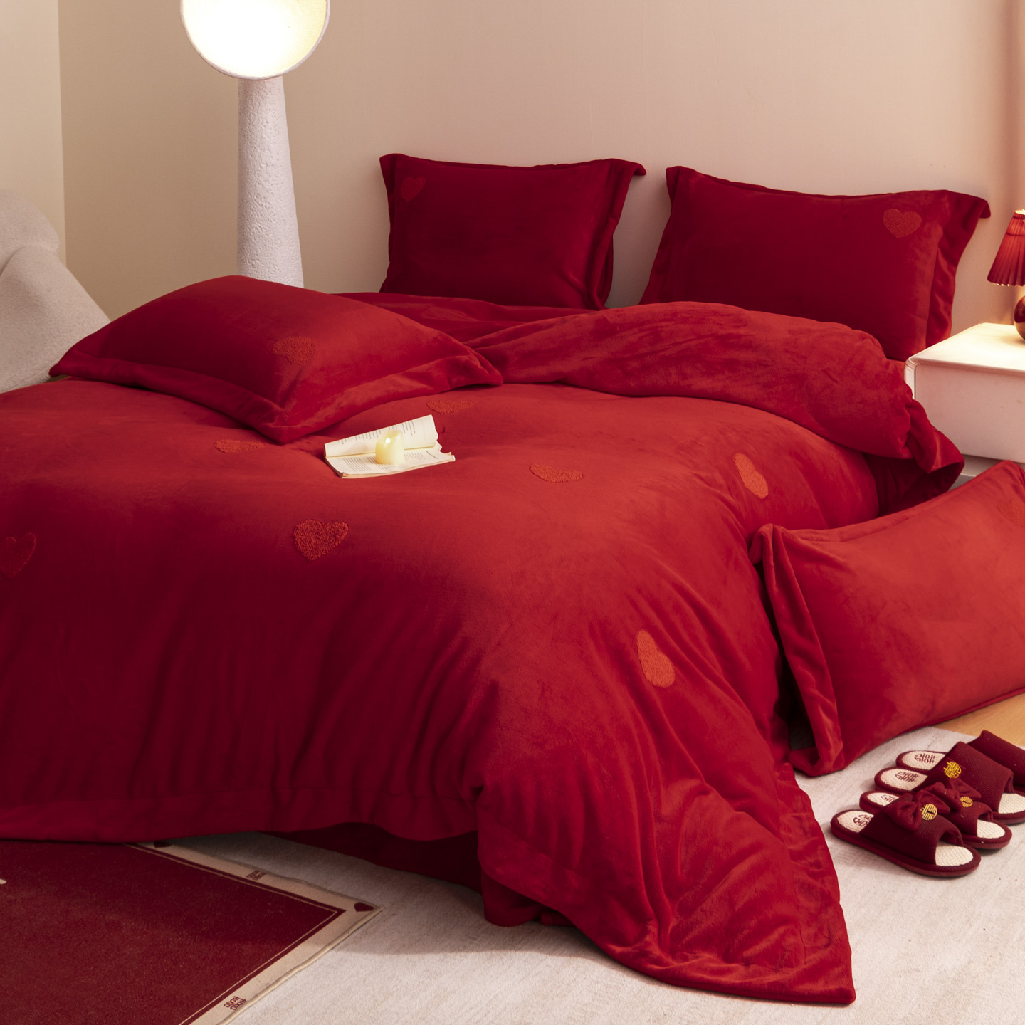 法式浪漫结婚牛奶绒床单四件套加厚保暖珊瑚绒被套婚嫁大红色床品 - 图0