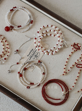 南法假日·JASMO原创小众设计纯银蝴蝶结红色珍珠项链锁骨链女