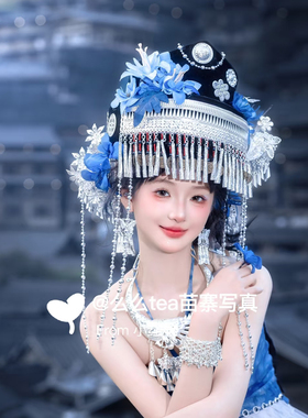 阿蕾原创蓝色绢花银饰流苏帽子